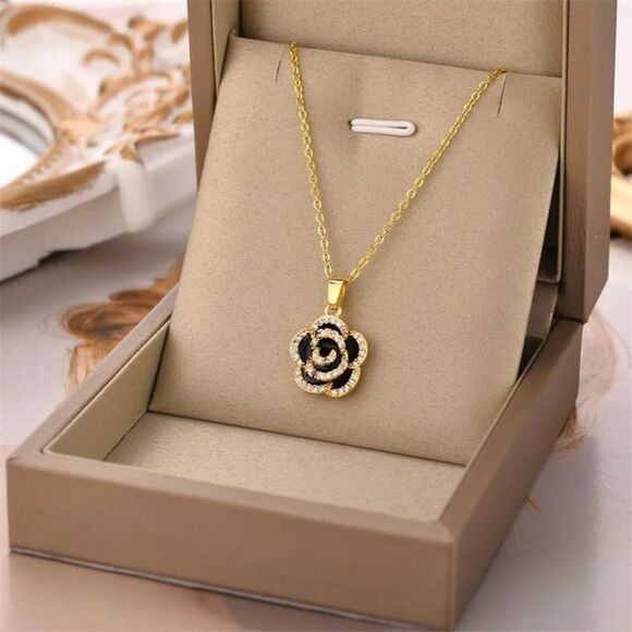 Camellia Black Zircon Pendant Necklace - Picture 1 of 8